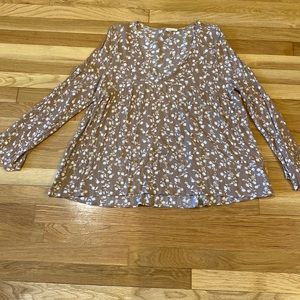 Cotton Blue tan and white floral baby doll blouse size XL